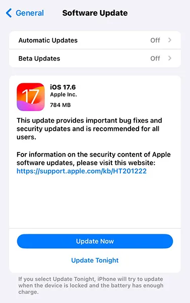 iOS 17.6 系统升级提示